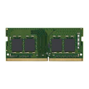 Green circuit board RAM module with gold edge connector at bottom and several black memory chips plus small components on the surface