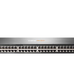 Hpe aruba network switch with dozens of ethernet ports in a black rack mount chassis front view