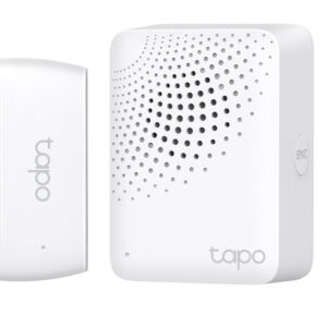 JFM Technology White Tapo home security devices arranged in a row doorwindow sensor motion detectors and a hub all in white