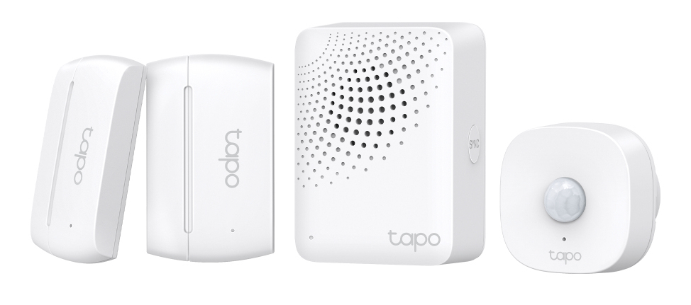 JFM Technology White tapo home security devices arranged in a row doorwindow sensor motion detectors and a hub all in white