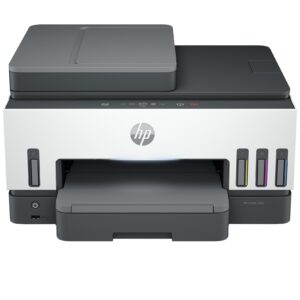 Front view of an HP printer with the output tray open and color ink cartridge slots visible on the right side
