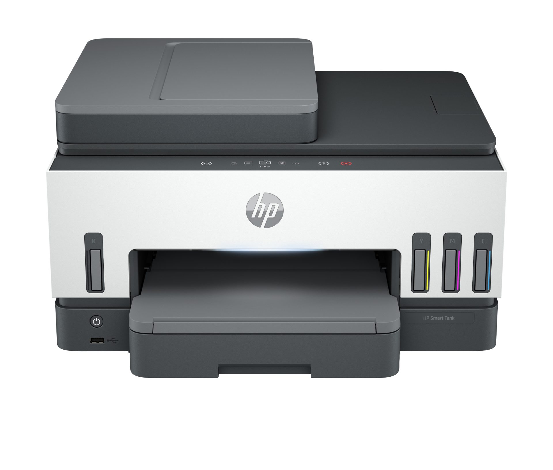 JFM Technology Front view of an hp printer with the output tray open and color ink cartridge slots visible on the right side