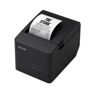 Black Epson receipt printer printing a receipt from the top feed