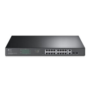 Front view of a black 24 port Ethernet network switch with LED indicators on the front panel