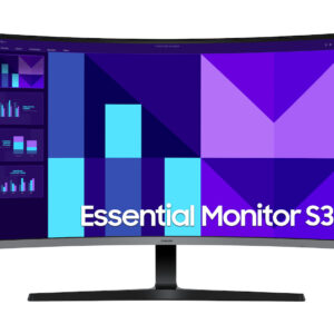 Curved monitor displaying a purple blue geometric wallpaper with the text essential monitor s3 on the screen edge