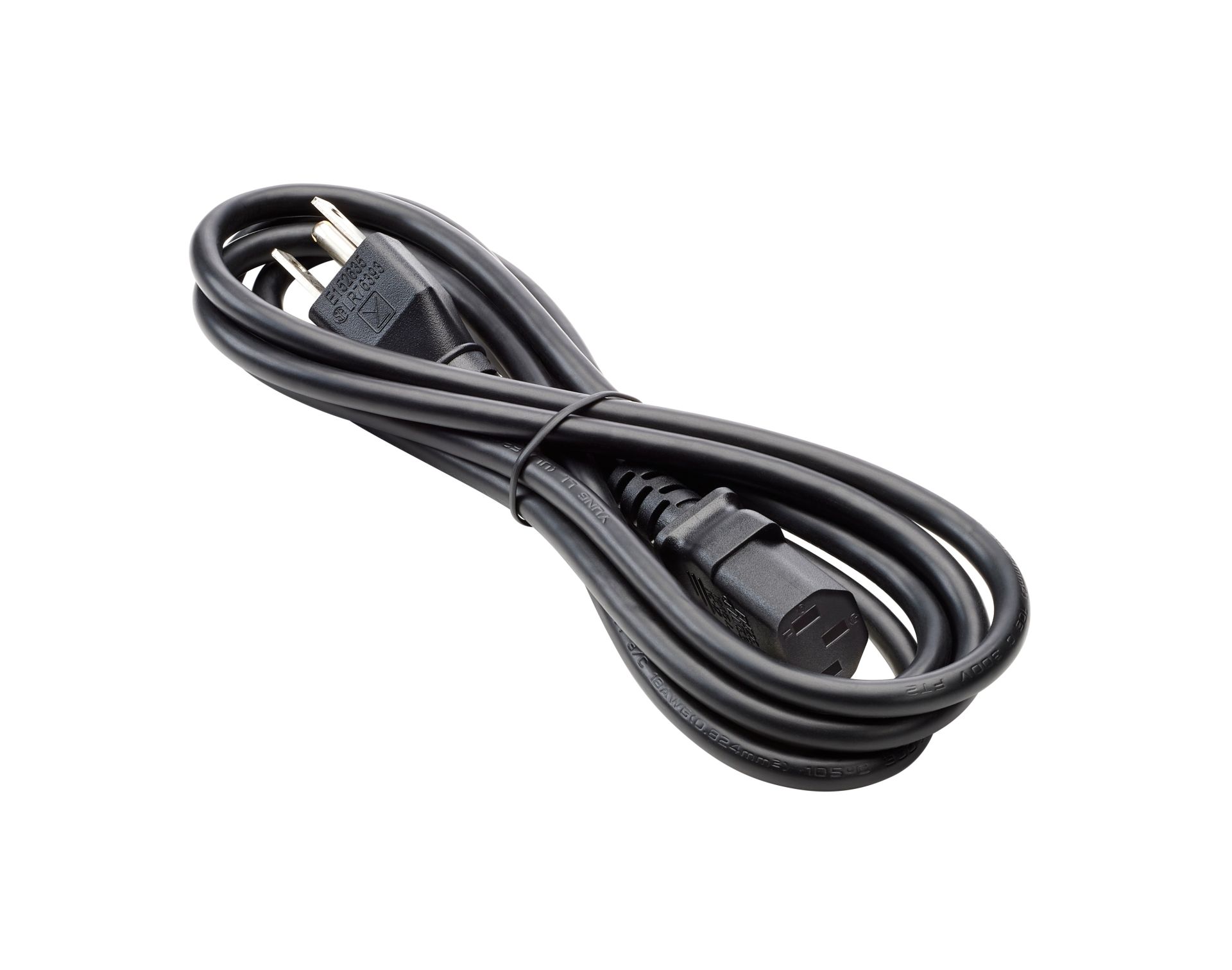 JFM Technology Coiled black power cord with a two prong plug close up view on white background