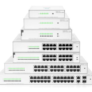 Stack of white network switches with front panels green status LEDs and multiple Ethernet ports visible