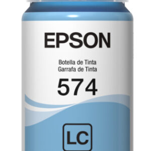 Epson 574 lc cyan ink bottle front view with translucent cap and blue label view of the ink tank branding at bottom