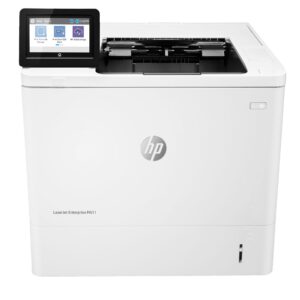 Front view of an hp laserjet enterprise m611 printer with a left side touchscreen control panel visible on top edge informational