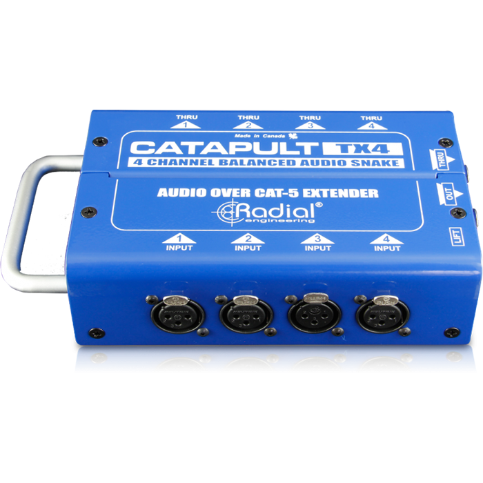 Receptor Radial Catapult TX4 Splitter JFM Technology Radial Catapult TX4 4 channel audio extender in a blue metal chassis with XLR inputs visible on the front panel
