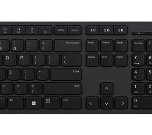 Slim full size black wireless keyboard with numeric keypad and a matching wireless mouse with USB dongle