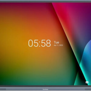ViewSonic monitor displaying a colorful abstract wallpaper with a large clock reading 0558 and date in the bottom right area