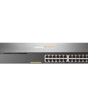 Front view of an HPE Aruba network switch with many Ethernet ports and a visible logo on the top panel