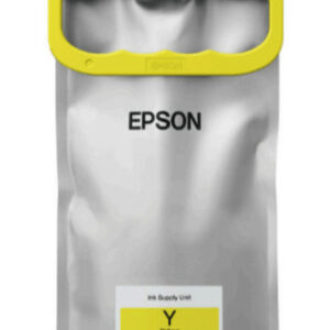 Epson yellow ink bag for a printer with black top connector and yellow clip silver pouch labeled EPSON and Y Yellow at bottom