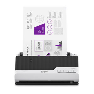Epson printer printing a business report featuring purple charts and a globe graphic