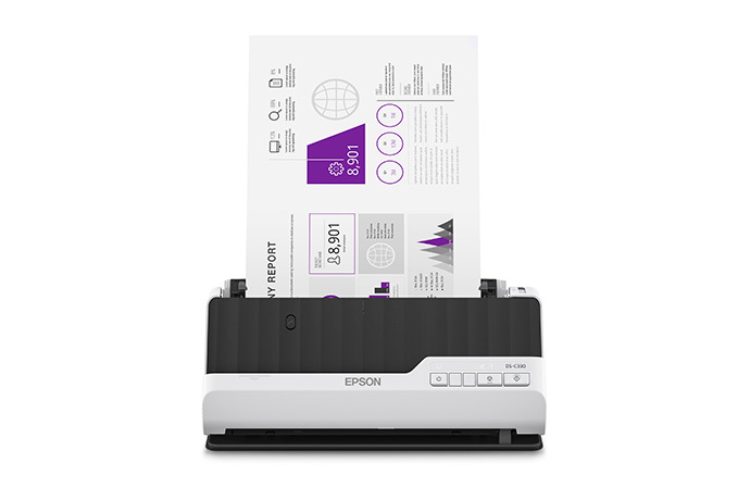 EPSON printer printing a business report featuring purple charts and a globe graphic.
