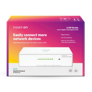 JFM Technology Packaging for Instant On 1430 Series 8 port Gigabit unmanaged switch with gradient purplepinkorange design and product highlights on the box