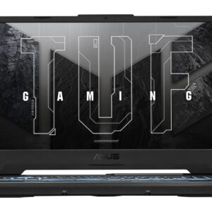 JFM Technology Laptop screen shows a metallic circuit design forming the word GAMING with the ASUS logo below
