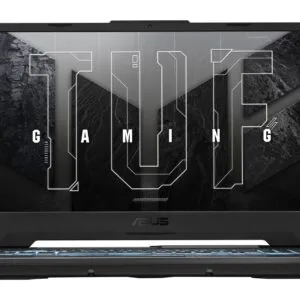 JFM Technology Laptop screen shows a metallic circuit design forming the word gaming with the asus logo below