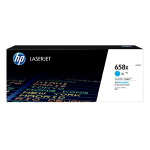 Hp laserjet cyan toner box rear panel with 658x model number and brand logo