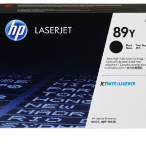 Hp laserjet toner cartridge box with hp logo and 89y label on a light panel blackwhite design jetintelligence text visible