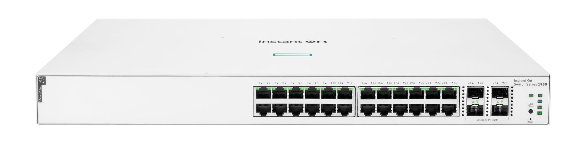 JFM Technology Front view of a white Instant On 1930 Switch Series network switch with multiple Ethernet ports and status LEDs