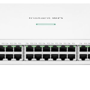 Front view of a white Aruba Instant On 1960 switch with 50 RJ 45 ports and two 10G uplink ports LEDs on above each port
