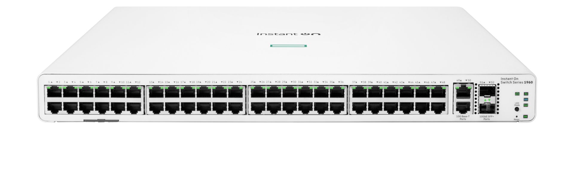 JFM Technology Front view of a white Aruba Instant On 1960 switch with 50 RJ 45 ports and two 10G uplink ports LEDs on above each port