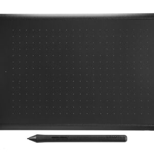 Wacom graphics tablet with a textured black surface and dotted active area plus a pen stylus in front indicates chromebook compatibility
