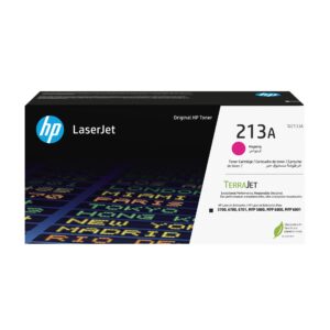 HP LaserJet toner cartridge box showing HP logo and 213A magenta indicator on the right side panel magenta color swatch