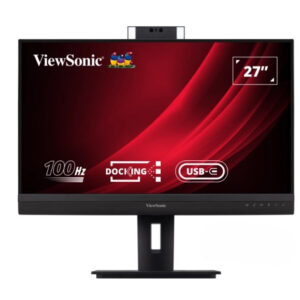 JFM Technology 27 inch ViewSonic computer monitor on a stand with a webcam mount displaying a red abstract wallpaper and icons for 100 Hz and USB C on the screen edge image shows a connected display