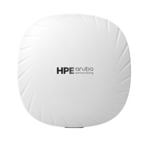 White circular networking device with diagonal ridges and the HPE Aruba Networking logo visible on the surface