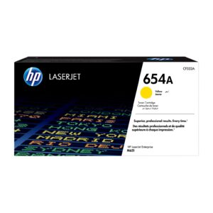 Hp laserjet 654a toner cartridge box black and white with hp logo and yellow color dot labeled yellow jaune packaging visible