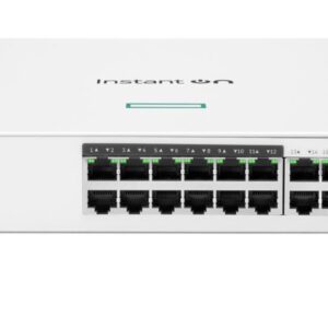 JFM Technology Front view of a white instant on switch series 1830 network switch with numerous led lit ethernet ports on the front panel to connect wired devices