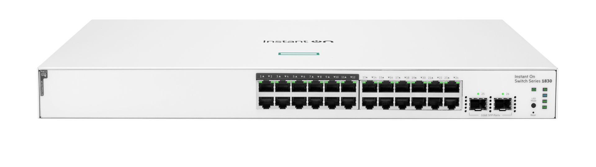 JFM Technology Front view of a white instant on switch series 1830 network switch with numerous led lit ethernet ports on the front panel to connect wired devices