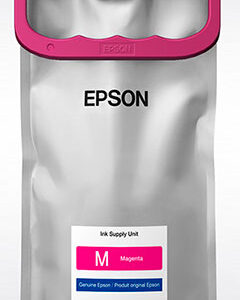 JFM Technology Epson magenta ink supply unit in a sealed silver pouch with a pink top label shows m magenta