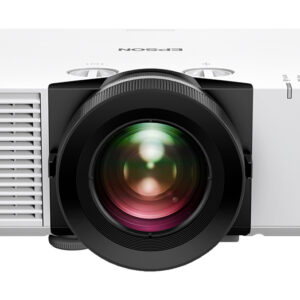 JFM Technology White epson projector seen from the front with a large central lens and ventilation grille on the left side