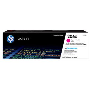 JFM Technology HP LaserJet toner cartridge box front black and white sides with HP logo magenta color swatch and 206x indicating magenta toner M255MFP M282MFP M283
