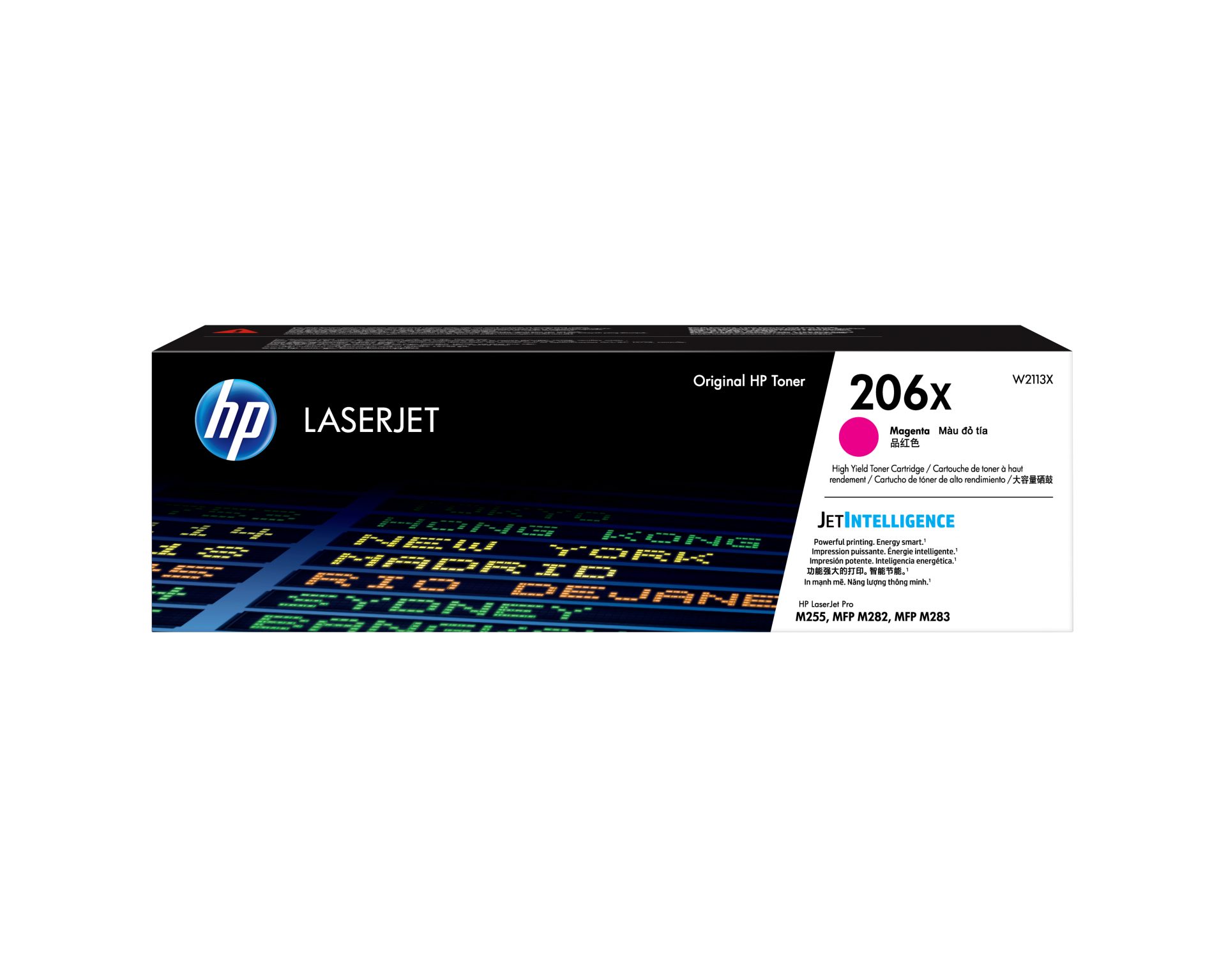 JFM Technology Hp laserjet toner cartridge box front black and white sides with hp logo magenta color swatch and 206x indicating magenta toner m255mfp m282mfp m283