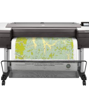 Hp wide format printer printing a colorful map on a roll with control screen visible on the right side