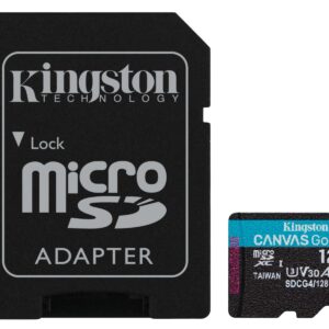 Kingston microSD adapter with a blue 128GB Canvas Go Plus microSD card beside it