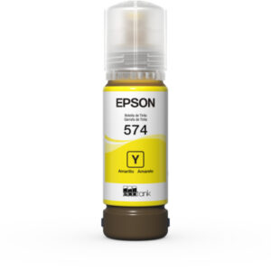 Epson yellow printer ink bottle labeled 574 with color code Y on a white and yellow label and brown base