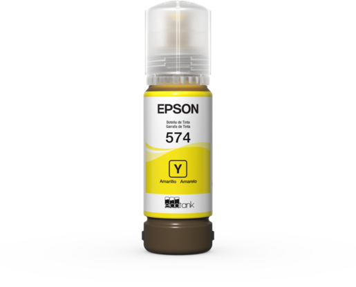 JFM Technology Epson yellow printer ink bottle labeled 574 with color code Y on a white and yellow label and brown base