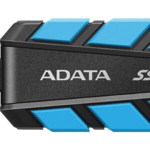JFM Technology Portable adata ssd flash drive with a black body and blue angled panels on top and bottom margins