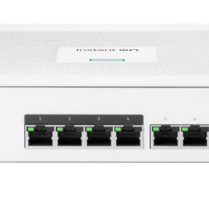 JFM Technology Front view of an Instant On Switch Series 1830 PoE network switch with eight Ethernet ports and green status LEDs