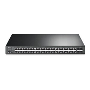 Front view of a black 48 port Ethernet switch with two SFP uplink ports on the right side