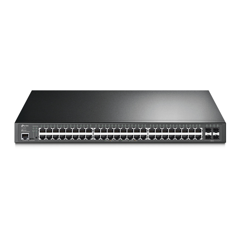 JFM Technology Front view of a black 48 port ethernet switch with two sfp uplink ports on the right side