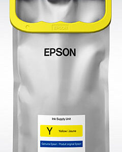 Epson ink supply unit pouch with a yellow handle on top metal gray bag and a label showing Y Yellow and Genuine Epson