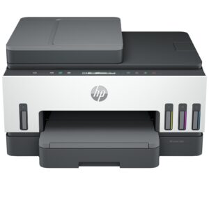 Front view of an hp laserinkjet printer showing the paper output tray open and color ink cartridge slots on the right side the hp logo is visible on the front panel