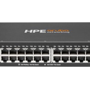 HP Aruba networking switch with 48 1GBASE T ports and 4 hot swappable SFP+ uplink ports on the left rack mountable network device for enterprise switching
